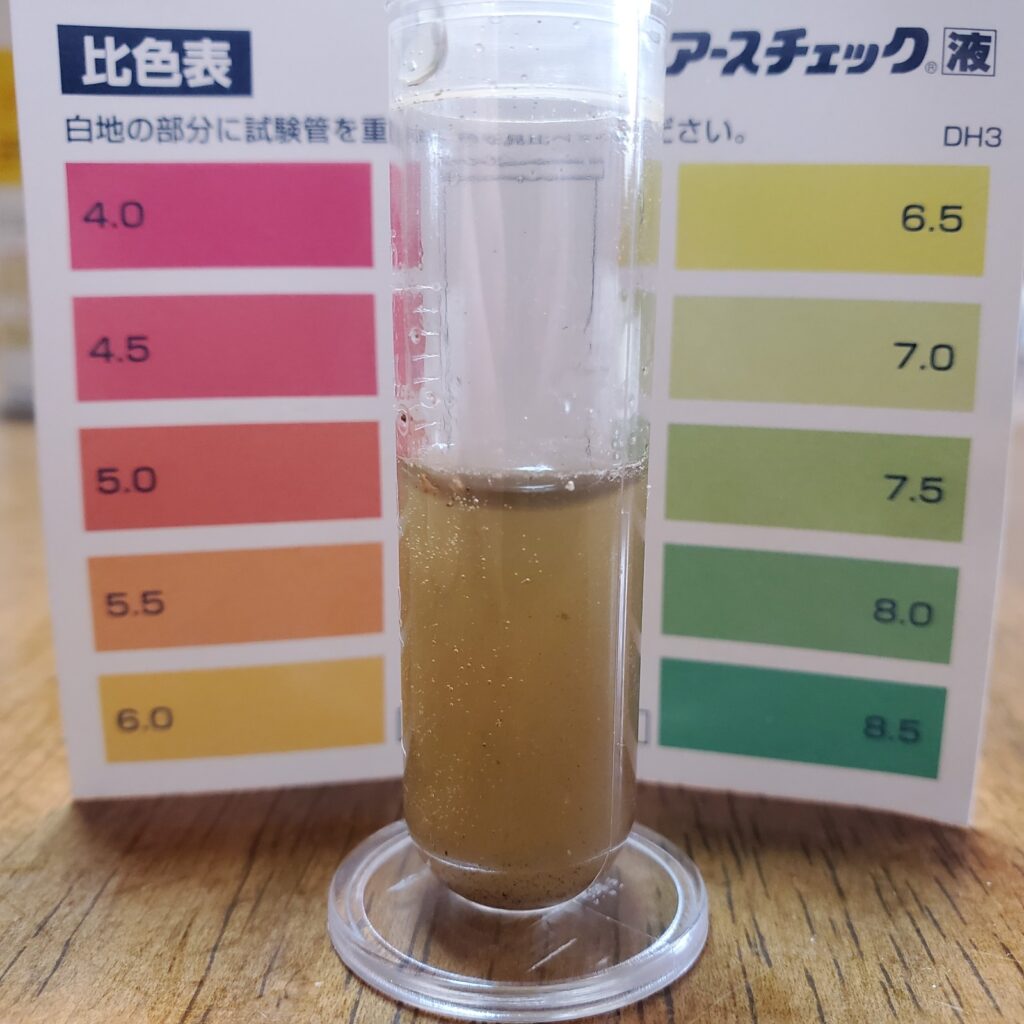 アースチェック液での土壌酸度測定結果。ブルーベリーとってはやや酸度が弱い?